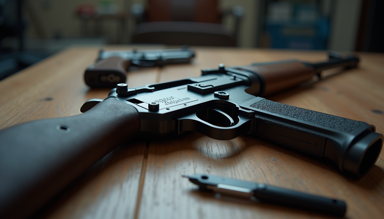 Disassembled firearm parts prepared for laser engraving
